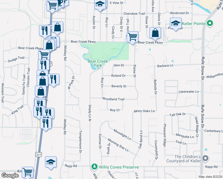 map of restaurants, bars, coffee shops, grocery stores, and more near 409 Beverly Street in Keller