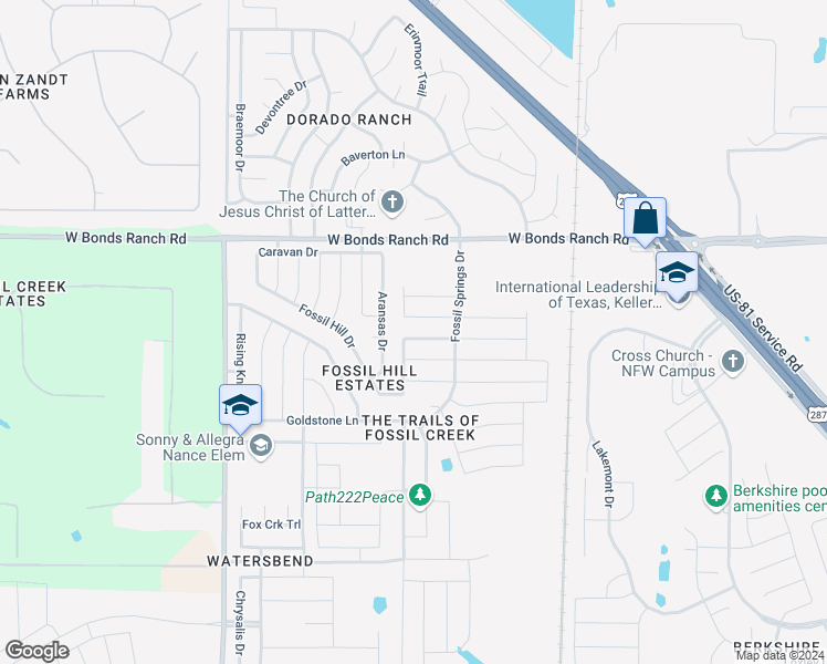 map of restaurants, bars, coffee shops, grocery stores, and more near 432 Lead Creek Drive in Fort Worth