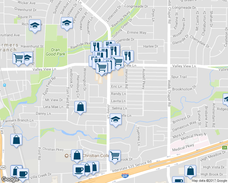 map of restaurants, bars, coffee shops, grocery stores, and more near 2923 Eric Lane in Farmers Branch
