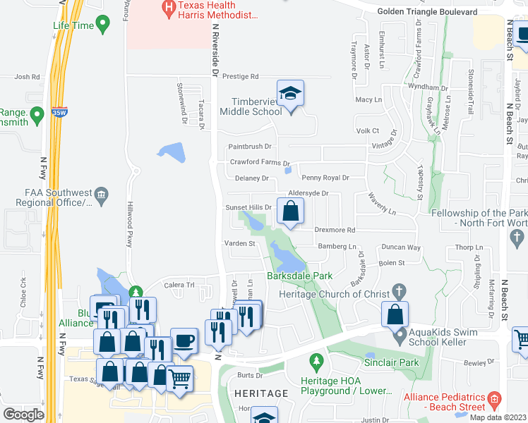 map of restaurants, bars, coffee shops, grocery stores, and more near 3716 Sunset Hills Drive in Fort Worth