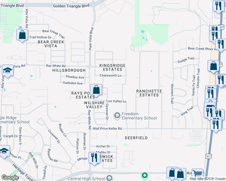 map of restaurants, bars, coffee shops, grocery stores, and more near 5417 Palisades Trail in Fort Worth