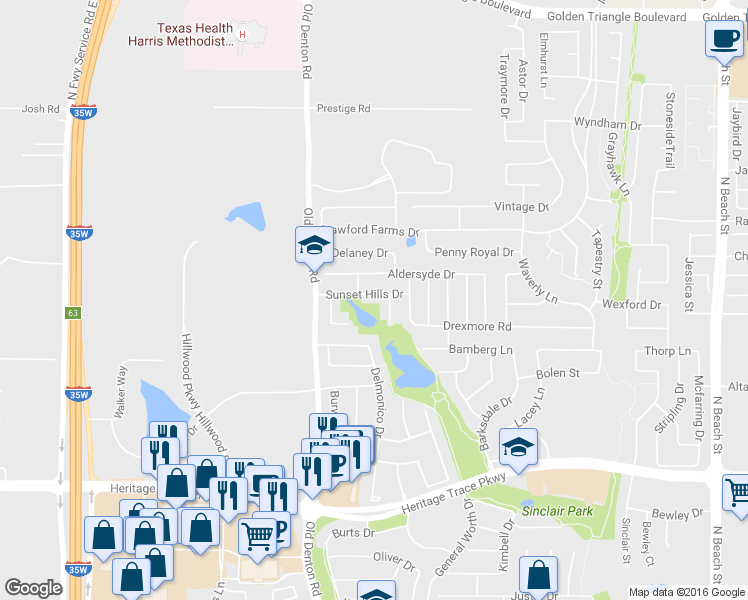 map of restaurants, bars, coffee shops, grocery stores, and more near 3712 Sunset Hills Drive in Fort Worth