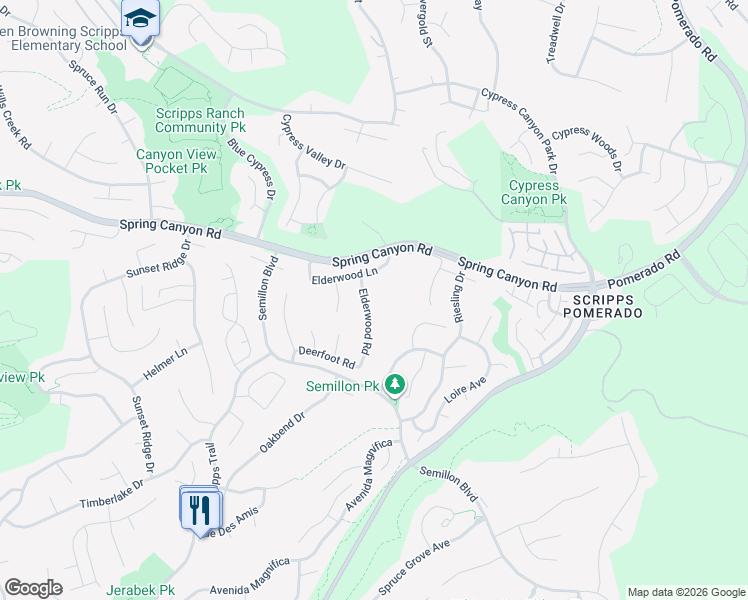 map of restaurants, bars, coffee shops, grocery stores, and more near 10955 Elderwood Rd in San Diego