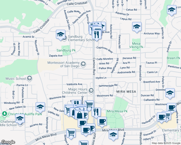 map of restaurants, bars, coffee shops, grocery stores, and more near 8324 Calle Calzada in San Diego