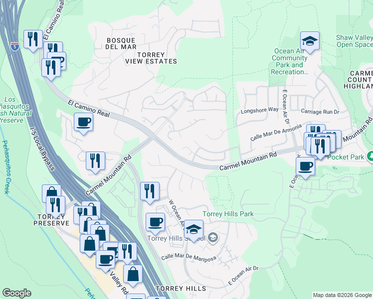map of restaurants, bars, coffee shops, grocery stores, and more near 4128 Calle Mar De Ballenas in San Diego