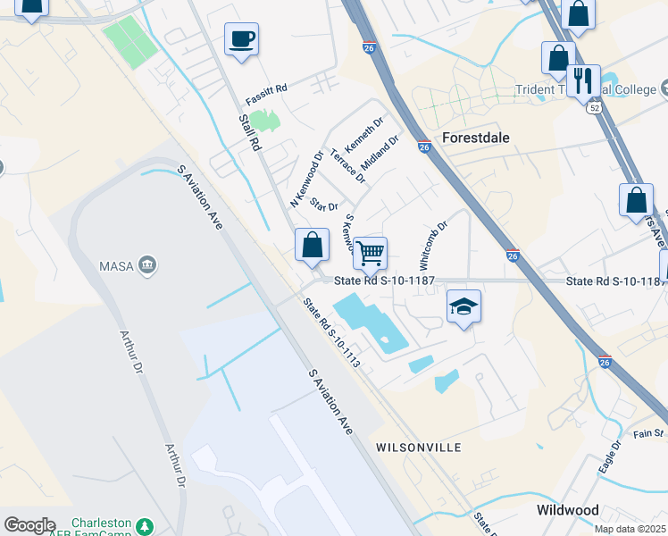 map of restaurants, bars, coffee shops, grocery stores, and more near 6926 Stall Road in North Charleston