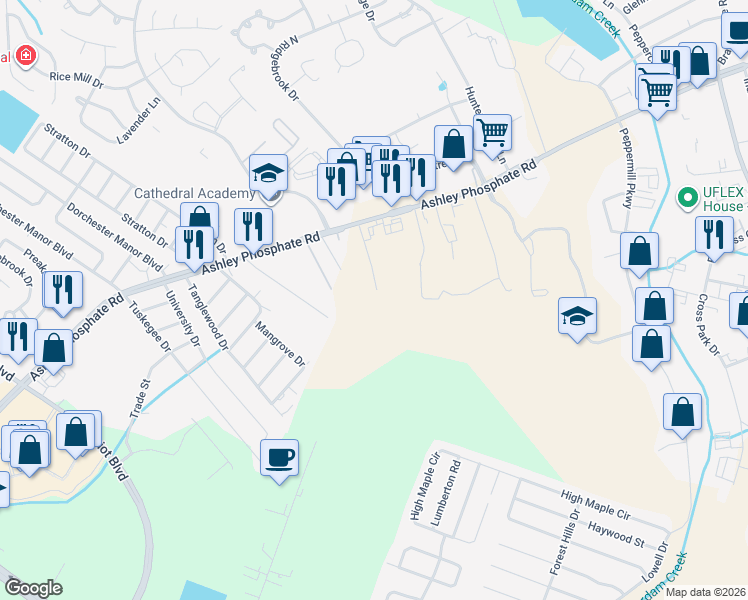 map of restaurants, bars, coffee shops, grocery stores, and more near 3761 Ashley Phosphate Road in Charleston