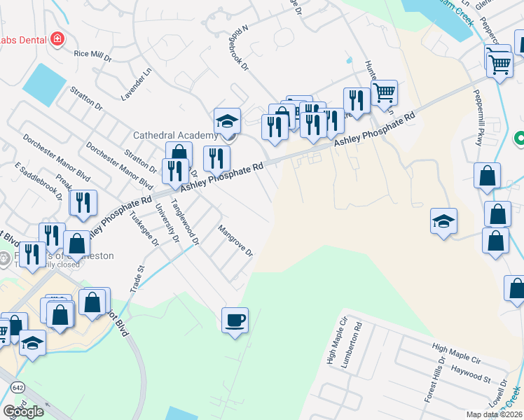 map of restaurants, bars, coffee shops, grocery stores, and more near 3761 Ashley Phosphate Road in Charleston