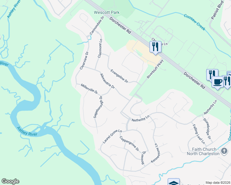map of restaurants, bars, coffee shops, grocery stores, and more near 8755 Alexandria Drive in North Charleston