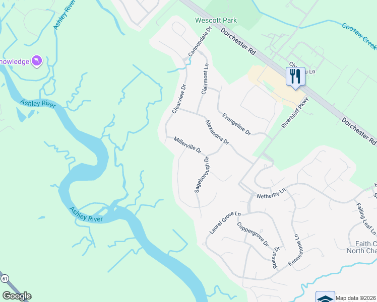 map of restaurants, bars, coffee shops, grocery stores, and more near 8729 Millerville Drive in North Charleston