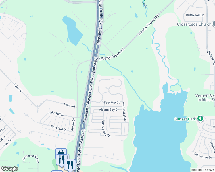 map of restaurants, bars, coffee shops, grocery stores, and more near 5614 Valencia Drive in Rowlett