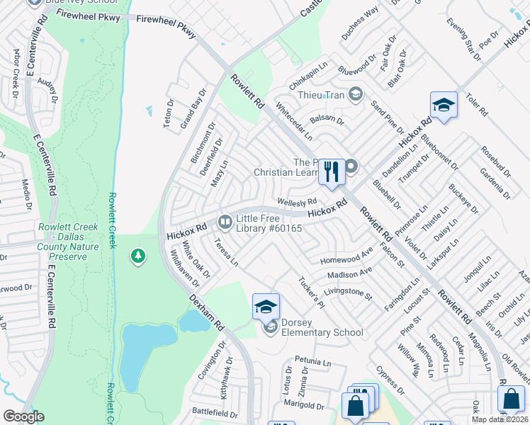 map of restaurants, bars, coffee shops, grocery stores, and more near 7302 Cedarbrook Road in Rowlett