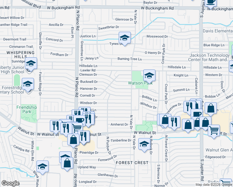 map of restaurants, bars, coffee shops, grocery stores, and more near 4105 Bucknell Drive in Garland