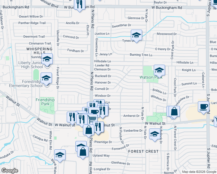 map of restaurants, bars, coffee shops, grocery stores, and more near 4321 Hanover Drive in Garland