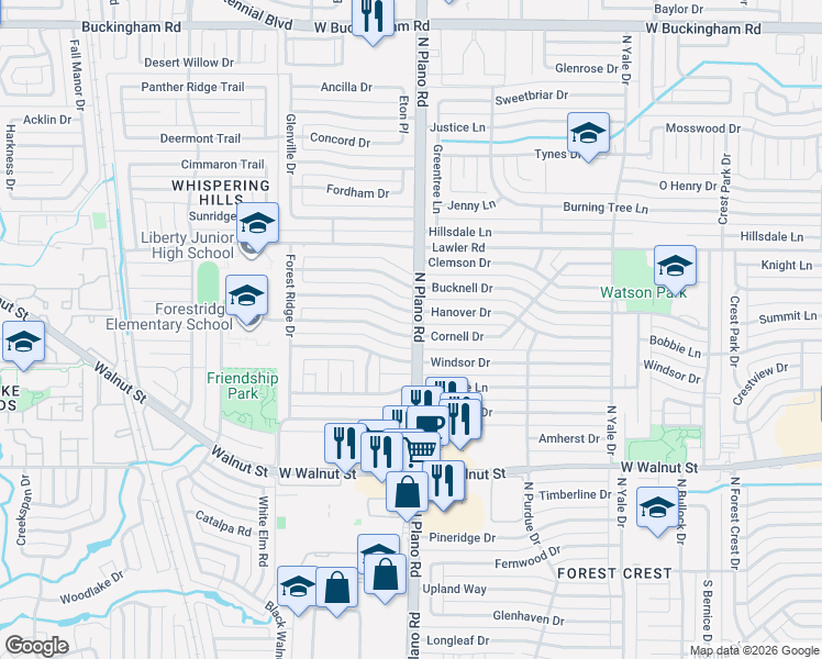 map of restaurants, bars, coffee shops, grocery stores, and more near 4501 Hanover Drive in Garland