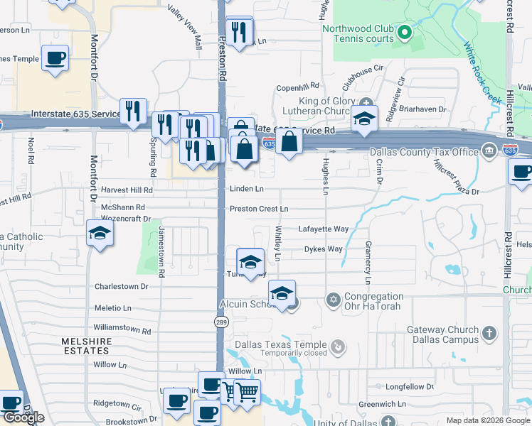 map of restaurants, bars, coffee shops, grocery stores, and more near 6107 Preston Crest Lane in Dallas