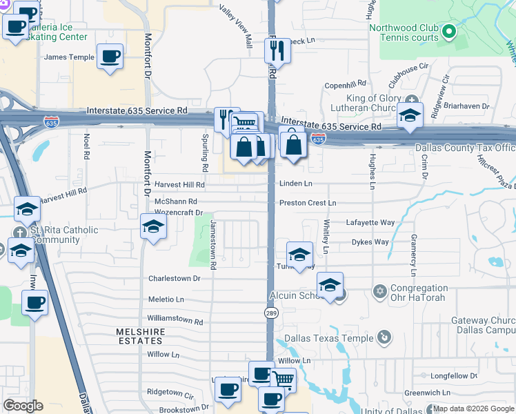 map of restaurants, bars, coffee shops, grocery stores, and more near 12703 Preston Road in Dallas