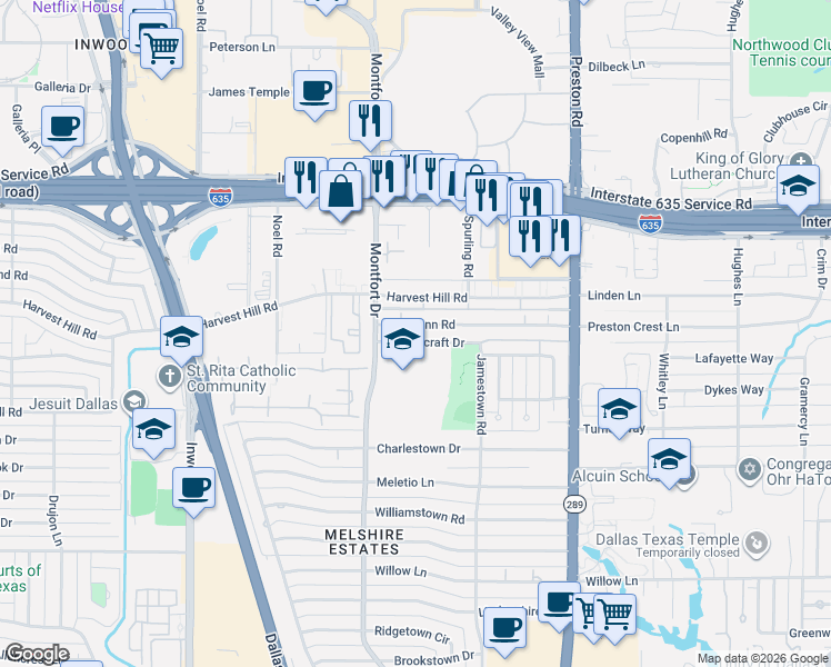 map of restaurants, bars, coffee shops, grocery stores, and more near 5623 Mc Shann Road in Dallas