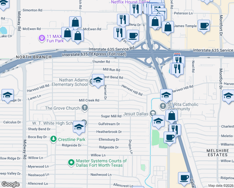 map of restaurants, bars, coffee shops, grocery stores, and more near 4906 Harvest Hill Road in Dallas