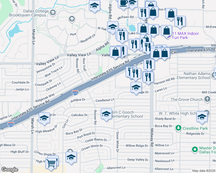 map of restaurants, bars, coffee shops, grocery stores, and more near 4123 Rosser Square in Dallas