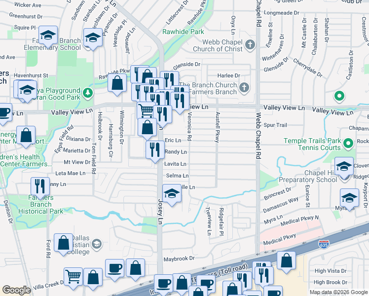 map of restaurants, bars, coffee shops, grocery stores, and more near 2949 Eric Lane in Farmers Branch