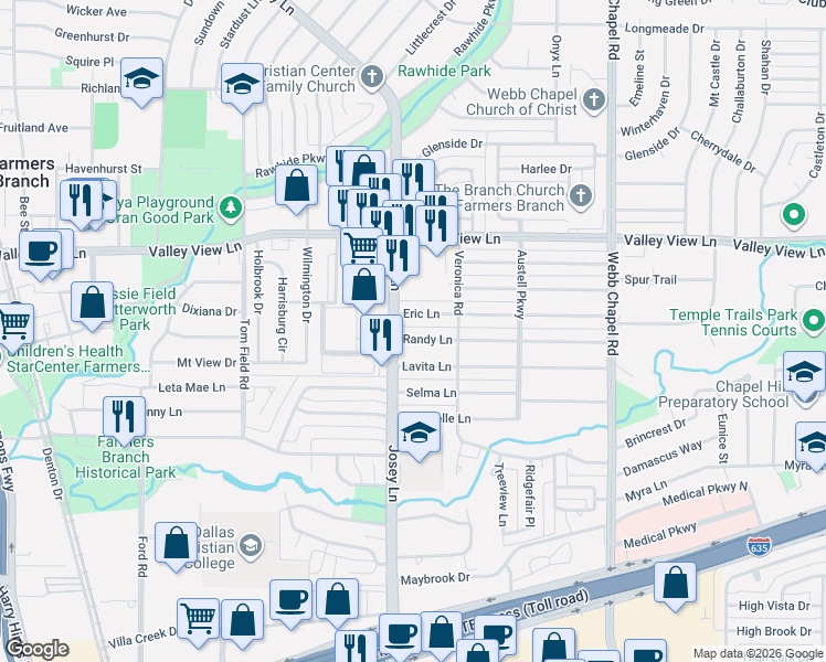 map of restaurants, bars, coffee shops, grocery stores, and more near 2923 Eric Lane in Farmers Branch