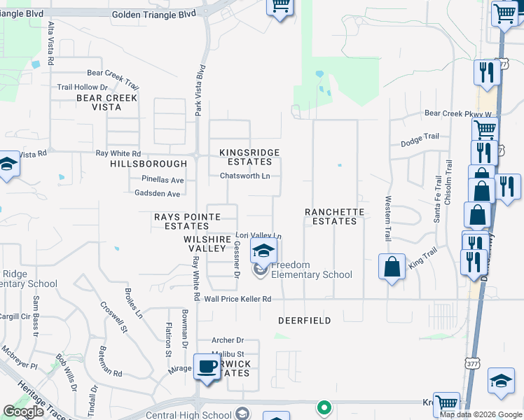map of restaurants, bars, coffee shops, grocery stores, and more near 5432 Loftsmoor Court in Fort Worth