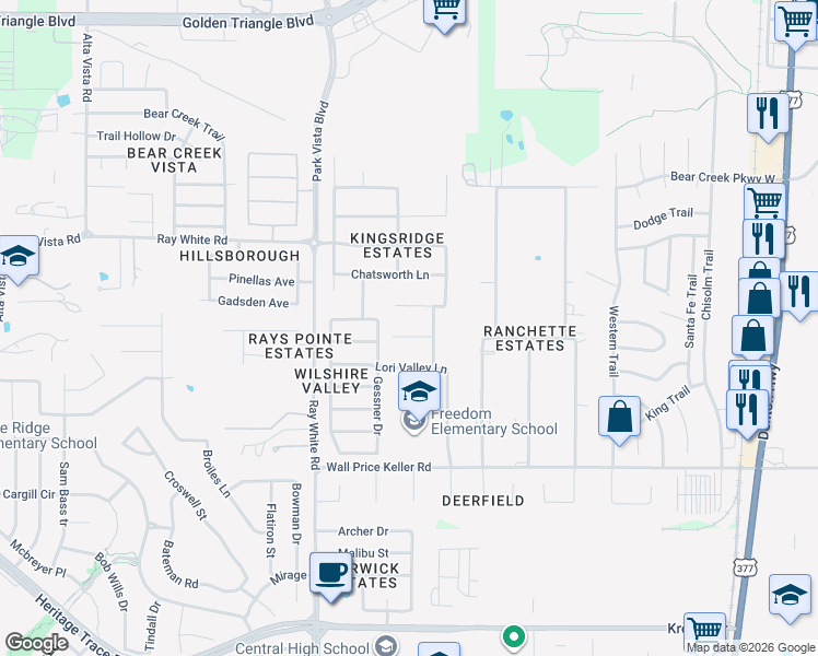 map of restaurants, bars, coffee shops, grocery stores, and more near 5432 Loftsmoor Court in Fort Worth