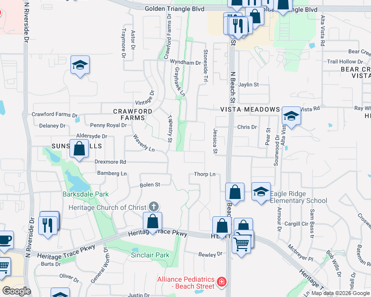 map of restaurants, bars, coffee shops, grocery stores, and more near 4225 Wexford Drive in Fort Worth