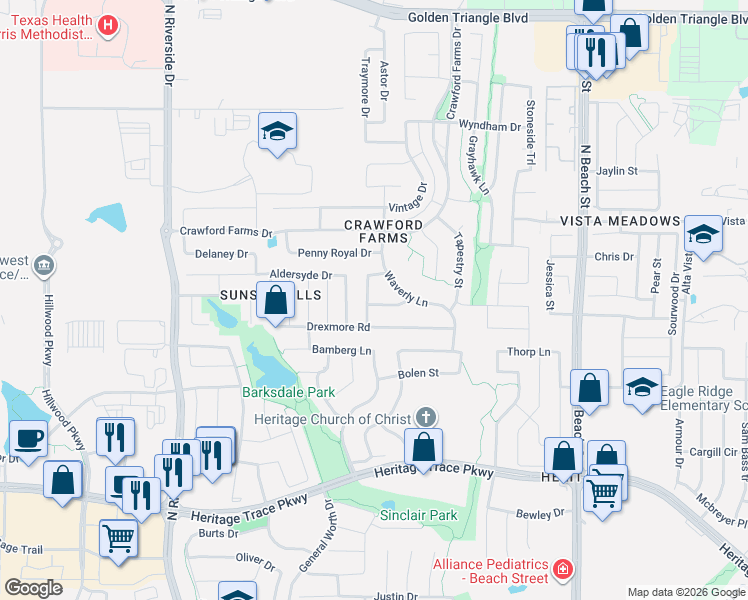 map of restaurants, bars, coffee shops, grocery stores, and more near 10037 Cade Trail in Fort Worth