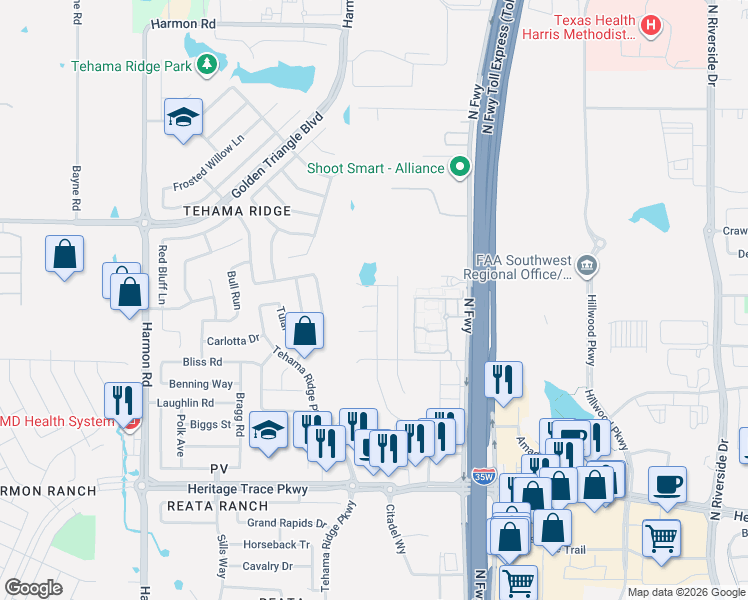 map of restaurants, bars, coffee shops, grocery stores, and more near 2625 Calistoga Drive in Fort Worth