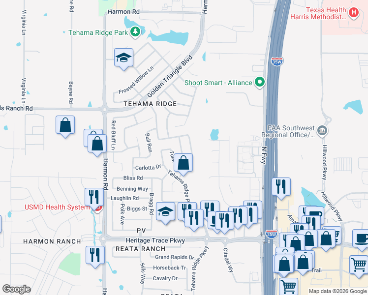 map of restaurants, bars, coffee shops, grocery stores, and more near 10033 Butte Meadows Drive in Fort Worth