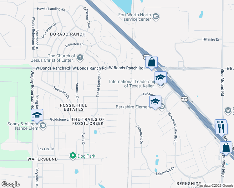 map of restaurants, bars, coffee shops, grocery stores, and more near 304 Marble Creek Drive in Fort Worth