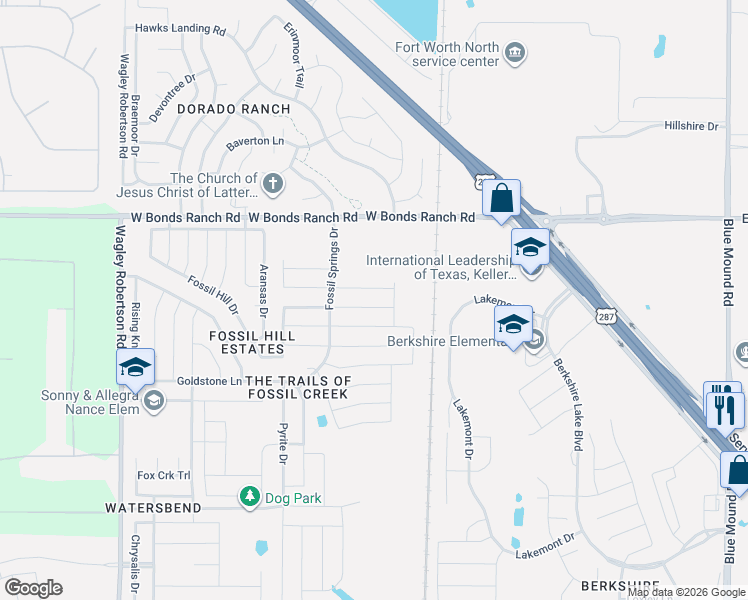 map of restaurants, bars, coffee shops, grocery stores, and more near 304 Marble Creek Drive in Fort Worth