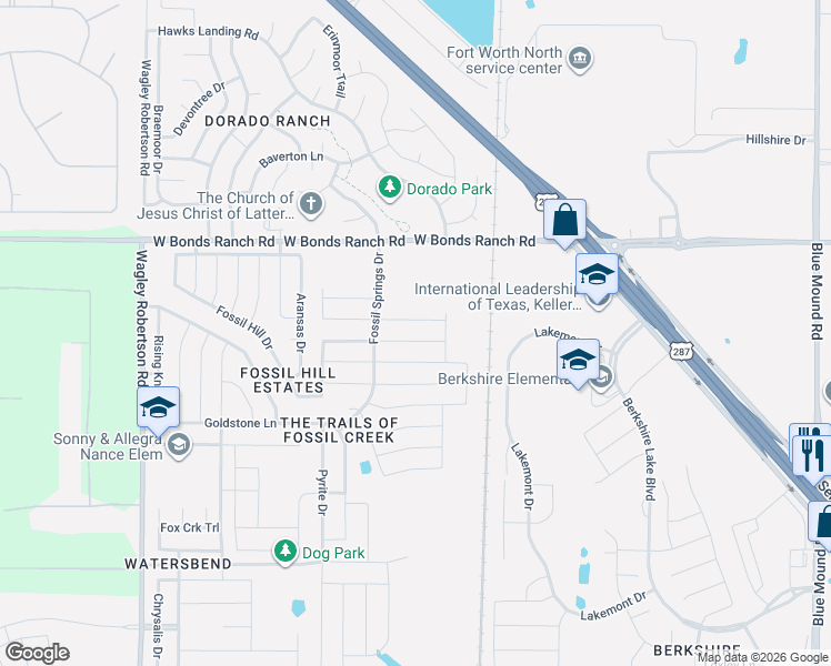 map of restaurants, bars, coffee shops, grocery stores, and more near 344 Marble Creek Drive in Fort Worth