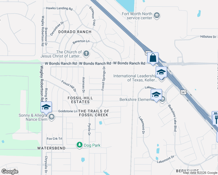 map of restaurants, bars, coffee shops, grocery stores, and more near 344 Marble Creek Drive in Fort Worth