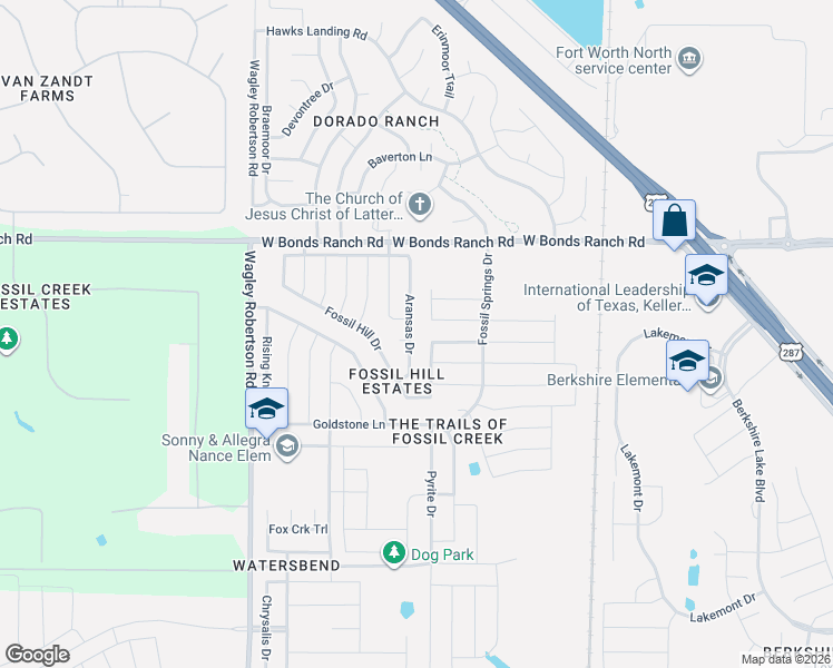 map of restaurants, bars, coffee shops, grocery stores, and more near 10609 Pumice Drive in Fort Worth