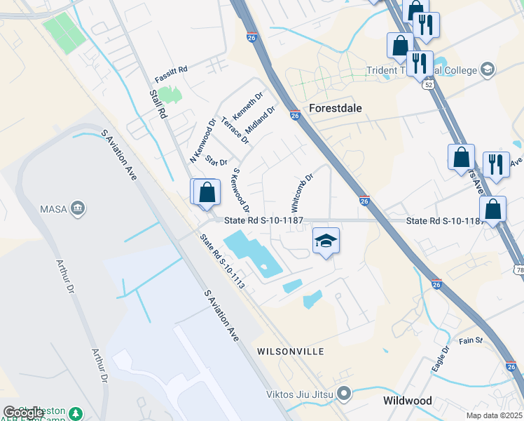 map of restaurants, bars, coffee shops, grocery stores, and more near 6921 Orvin Street in Charleston