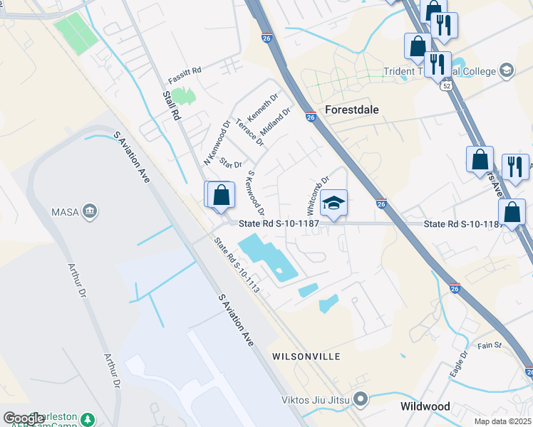 map of restaurants, bars, coffee shops, grocery stores, and more near 6906 South Kenwood Drive in Charleston