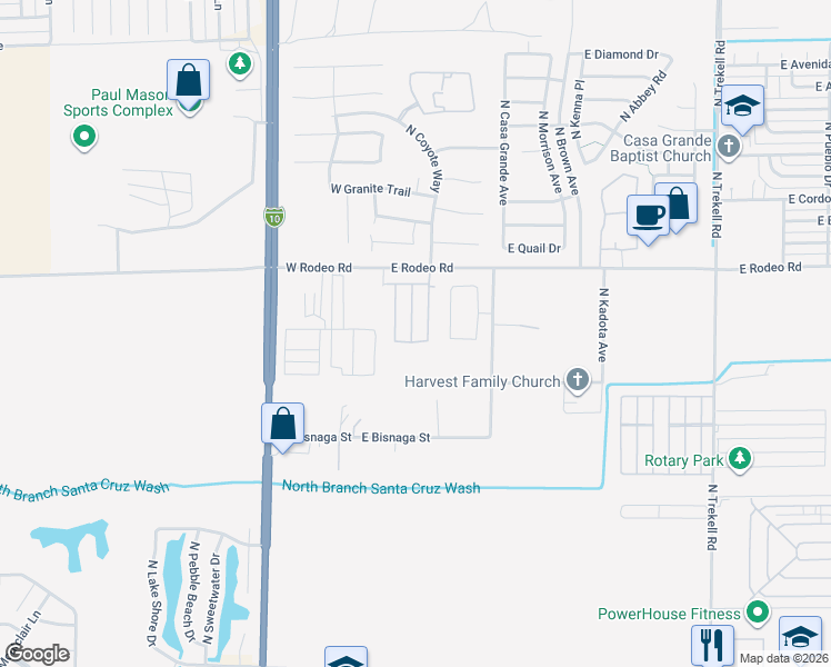 map of restaurants, bars, coffee shops, grocery stores, and more near 2364 North Horseshoe Circle in Casa Grande