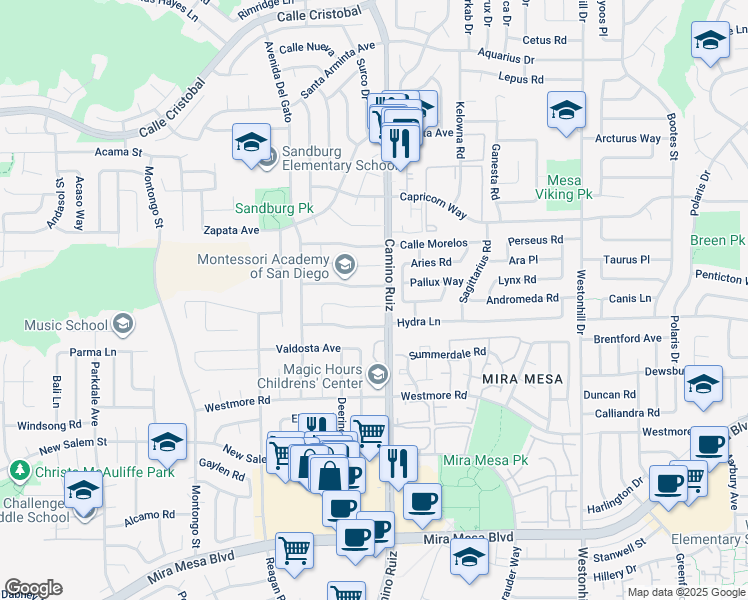 map of restaurants, bars, coffee shops, grocery stores, and more near 8324 Calle Calzada in San Diego