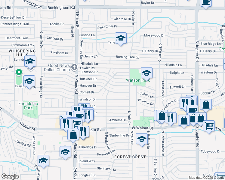 map of restaurants, bars, coffee shops, grocery stores, and more near 4105 Bucknell Drive in Garland