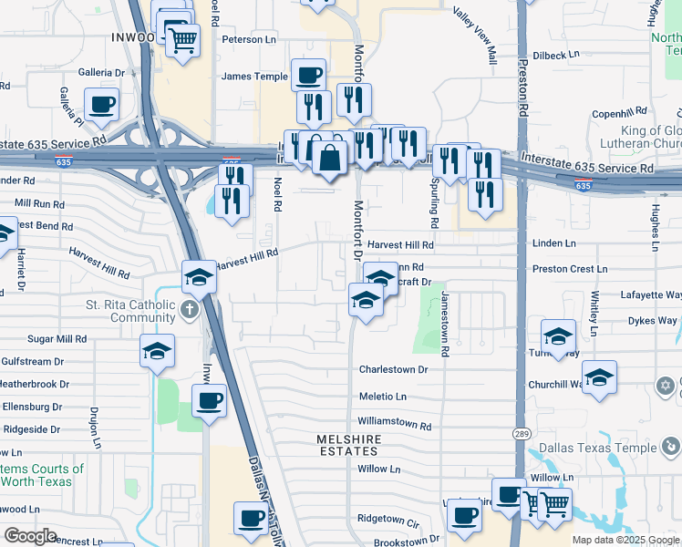 map of restaurants, bars, coffee shops, grocery stores, and more near 5580 Harvest Hill Road in Dallas