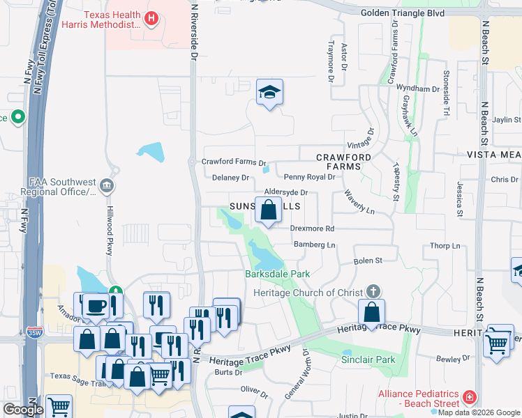 map of restaurants, bars, coffee shops, grocery stores, and more near 3732 Aldersyde Drive in Fort Worth