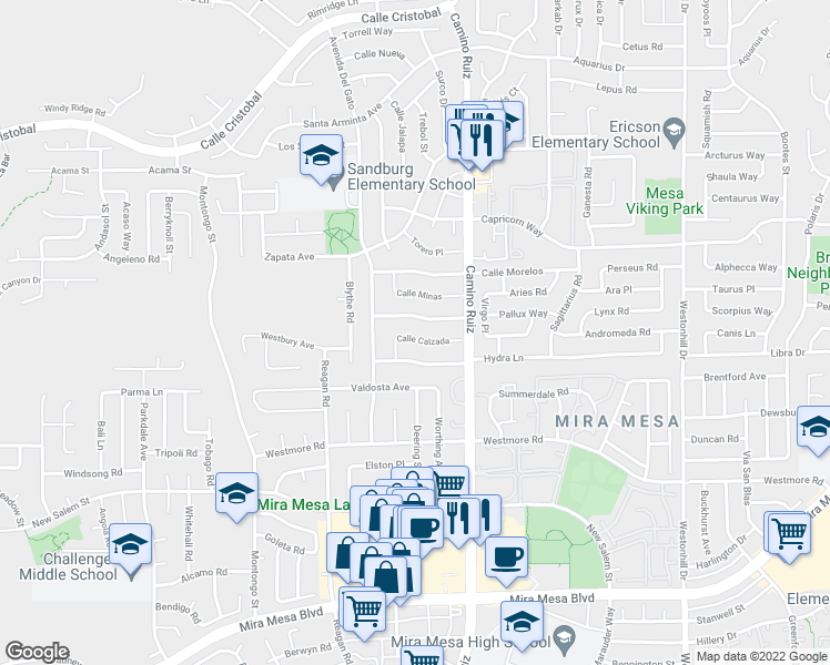 map of restaurants, bars, coffee shops, grocery stores, and more near 8252 Calle Calzada in San Diego