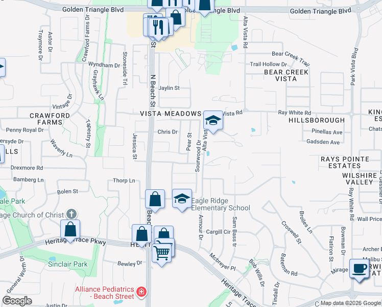 map of restaurants, bars, coffee shops, grocery stores, and more near 10016 Pear Street in Fort Worth
