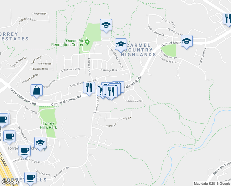 map of restaurants, bars, coffee shops, grocery stores, and more near 4765 Carmel Mountain Road in San Diego