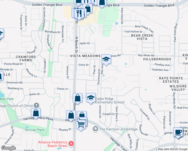 map of restaurants, bars, coffee shops, grocery stores, and more near 10016 Pear Street in Keller
