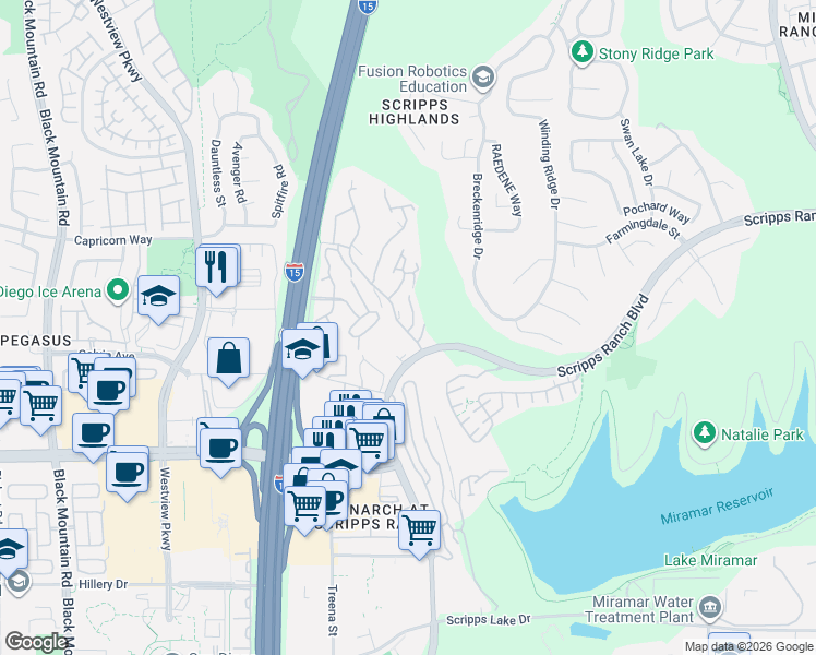 map of restaurants, bars, coffee shops, grocery stores, and more near 11145 Affinity Court in San Diego
