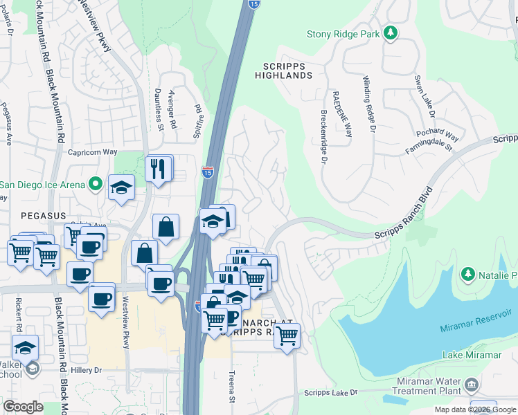 map of restaurants, bars, coffee shops, grocery stores, and more near 9995 Scripps Westview Circle in San Diego